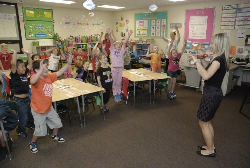 2nd graders engaging in classroom physical activity at Stout Field Elementary School in Indianapolis, IN.
